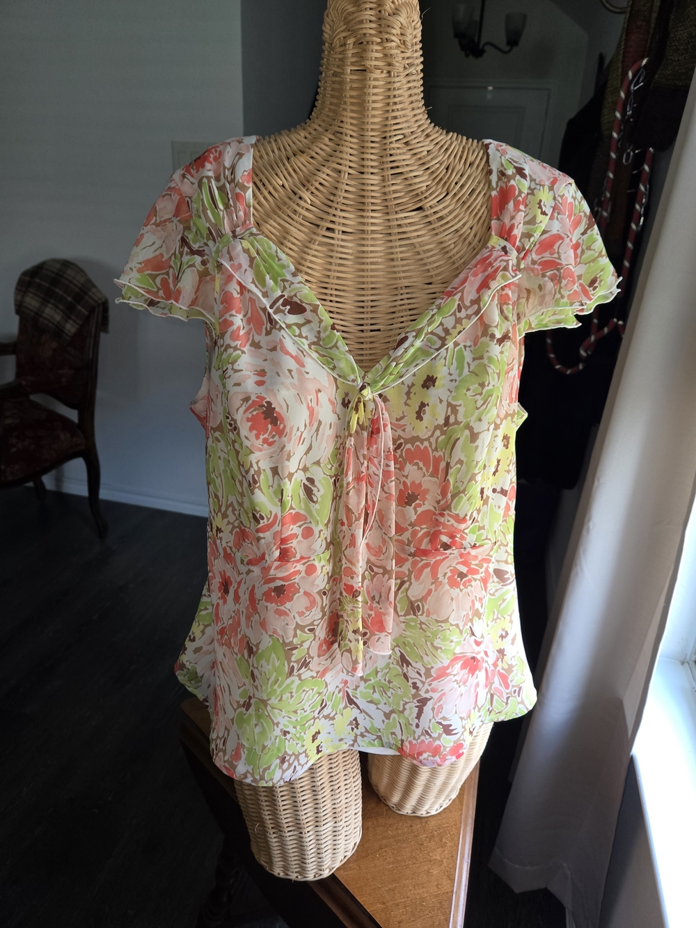 Vintage Sheer Floral Ruffle Tie-Neck Blouse in Pink & Green